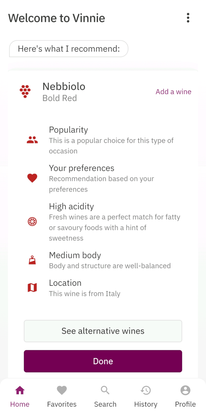 Phone showing wine recommendation