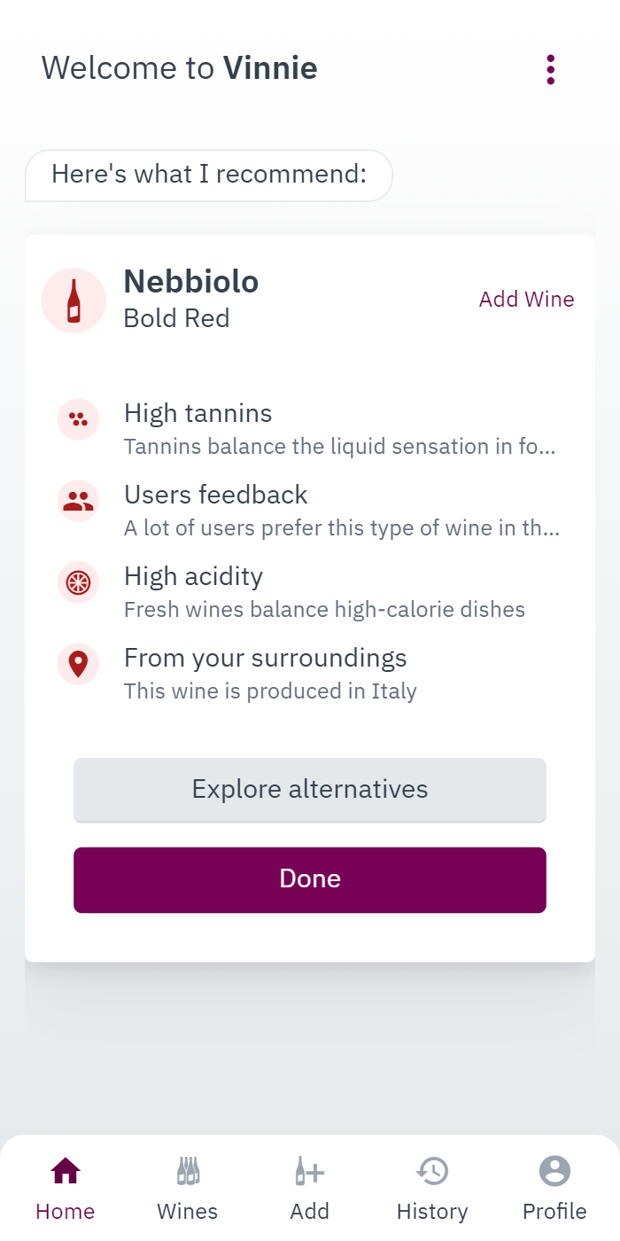 Phone showing wine recommendation